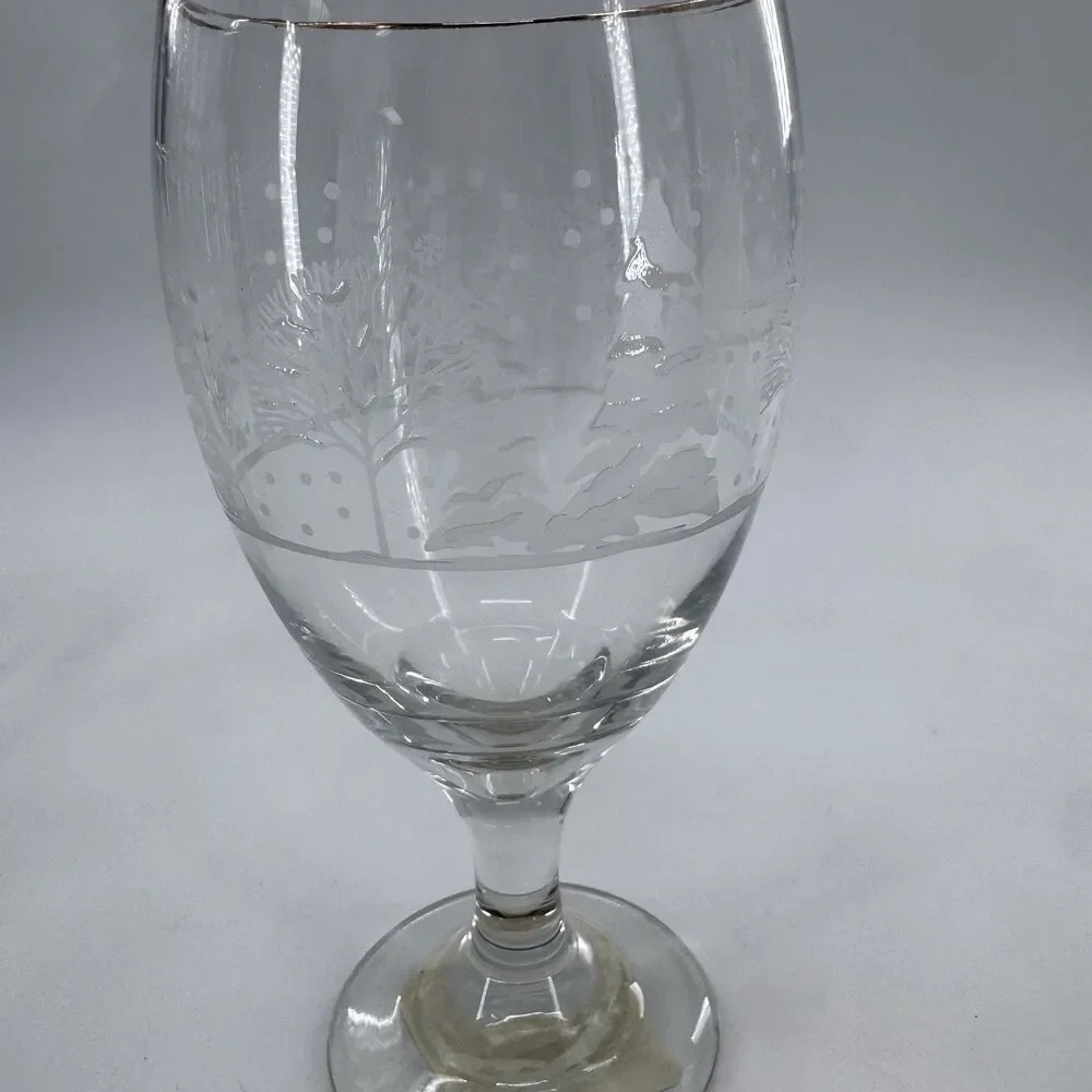 Frosty Pines Libbey Handblown Goblets 7” Winter Wonderland Gold Rim Set of 4 New